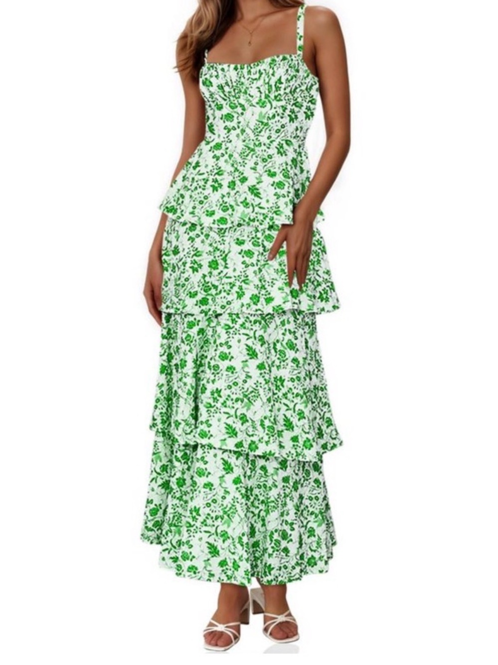 Green Floral Tiered Midi Dress